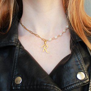 Necklace half Pearl Chain, Initial Letter custom Gold 18KT Waterproof